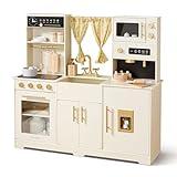 Tiny Land Play Kitchen for Kids, Toy Kitchen Set with Plenty of Play Features, New Modern Kids Wooden Play Kitchen Designed in Trendy Home Style with Curtains, Gift for Ages 3+