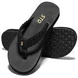 STQ Womens Flips Flops with Yoga Mat Quick Dry Thong Sandals for Water,Shower,Vacation All Black US 8