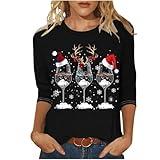 Todays Daily Deals 2024 Christmas Shirts for Women Casual Red Wine Glass Graphic Tees Trendy 3/4 Sleeve Tops Xmas Crewneck Tunic Blouse