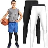 Haysandy Boys' Compression Leggings 2 Pack Athletic Tights Basketball Compression Pants Boys Sport Leggings (Black, White,X-Small)