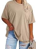 Eytino Women Plus Size Tunic Tops Short Sleeve Ribbed Crewneck Loose Summer Tee T-Shirts,4X Khaki