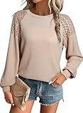 EVALESS Plus Size Long Sleeve Cute Tops for Women 2024 Trendy Crewneck Waffle Knit Lace Patchwork Basic T Shirts for Women Loose Dressy Casual Blouses Fall Fashion Outfits Clothes Khaki XX-Large