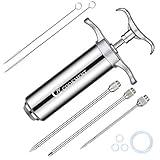 JY COOKMENT Meat Injector Syringe 2-oz Marinade Flavor Barrel 304 Stainless Steel with 3 Professional Needles 2 Cleaning Brushes and 4 Silicone O-Rings