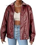 Faux Leather Jacket Women Brown Pleather Bomber Jacket Oversized Leather Blazer Motorcycle Jacket Biker Jacket Winter Coat Wine Red M