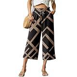 FREEOAK Printed Summer Gauze Pants High Waist Flowy Wide Leg Capri Pants with Pockets Casual Linen Spring Break Style Size Medium