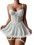 Lilosy Sexy Floral Lace Babydoll NightDress Thong Chemise Lingerie Nightwear Cute Underwire Push Up Corset Naughty Outfit with Women Mesh Sheer Nightgown Slip White Plus 3X-Large