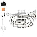 Eastar Pocket Trumpet B Flat for Beginners Students, Brass Trumpet Mouthpiece 7C, Cleaning Kit, Hard Case, Gloves, ETR-330N, Nickel