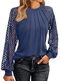 AUTOMET Womens Long Sleeve Shirts Lace Tops Business Casual Fall Fashion Outfits Clothes 2024 Knitted Y2k Blouses Navy XXL