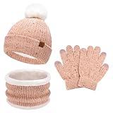 Toddler Kids Winter Hats Touchscreen Gloves Scarfs Set Pompom Beanie Caps Neck Warmer with Fleece for 5-8 Years Old Baby Girls Boys Gifts