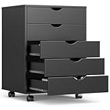 OLIXIS 5 Drawer Mobile File Cabinet Under Desk Storage Organization with Wheels Vertical Filing Chest Rolling Wood Small Desk Printer Stand for Home Office, 15.75"D x 18.74"W x 25.39"H, Black