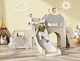 Babytronic Toddler Slide, 9 in 1 Kids Indoor Bus Slide for Toddlers 1-3, Baby Indoor Outdoor Slide with Basketball Hoop and Bus Play House, Bus Toddler Slide Playset Toddler Playground(White&Gray)