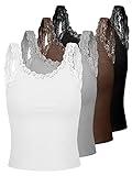 4-Pack Women's Lace Camisole Tank Tops - Soft, Comfy, Undershirt (White, Gray, Coffee, Black, Small)