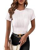 PRETTYGARDEN Women's Y2K Tops Summer Short Sleeve Round Neck Blouse Fitting Basic Shirt Knit Textured T Shirts for Work(White,Small)