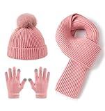 Lallier 3Pcs Kids Hat Scarf and Snow Gloves Set, Winter Knit Warm Soft Pom-Pom Beanie Outdoor for Boys Girls and Toddlers (Pink)