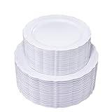 U-QE 100 Pieces White Plastic Plates - White Disposable Plates - Premium Hard Plastic Disposable Plates for Christmas and Party Use Including 50 Dinner Plates 10.25 '' & 50 Dessert Plates 7.5 ''