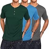 COOFANDY 3 Pack Men's Cotton Henley Shirt Short Sleeve Casual Vintage Pocket T-Shirt Solid Color Summer Basic Tees Soft Pajamas