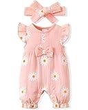 Renotemy Infant Baby Rompers Girl Cotton Linen Short Sleeve Outfits One-Piece Bodysuit Baby Girl Clothes 3-6 Months Daisy Flower Pink