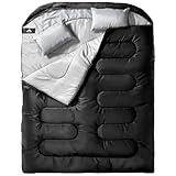 MEREZA Double Sleeping Bag for Adults Mens with Pillow, XL Queen Size Two Person Sleeping Bag for All Season Camping Hiking Backpacking for Cold Weather & Warm Black