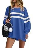 SENSERISE Womens Striped Crewneck Sweatshirts Oversized Lantern Sleeve Color Block Shirts Workout Tops(Blue,L)