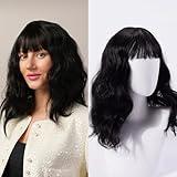 Black Curly Wig With Bangs Bob Wig Synthetic Heat Resistant Natural Curls Lightweight And Natural For Womens Dramas Stage Plays Parties And Dinners 16 Inches