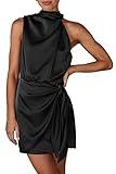 PRETTYGARDEN Women's Short Formal Satin Dress Summer Sleeveless Mock Neck Tie Waist Cocktail Party Dresses (Black,Medium)