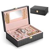 Emazerom PU Leather Travel Jewelry Case Twill Jewelry Organizer Box with Mirror Jewelry Pouch Portable Home Jewelry Storage Holder Display Gift Idea (Black)