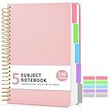 5 Subject Notebook College Ruled, A5 Hardcover Spiral Notebook with Removable Pocket Dividers Tabs, 240 Pages Lined Spiral Journal Notebook for Women, 6x8.5 Notebooks for Work School Note taking Pink