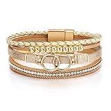 Fesciory Leopard Bracelet for Women, Boho Leather Wrap Multi-Layer Pearl Crystal Bracelet Bangle Jewelry (B38:Double Circle(Khaki))