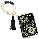 Yonlevres Moon Sun Credit Card Holder Keychain Wristlet Bracelet Wallet Women, Small Wallet with Silicone Beaded Zipper, Leather Mini RFID Blocking Wallets Wrist Strap Card Case Accordion Gift