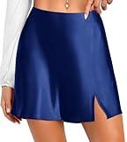 Reaowazo Mini Skirts for Women Satin Silk High Waist Elastic Split Slit Hem Bodycon Short Skirt Dark Blue Small