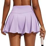 PINSPARK Women Flowy Tennis Skirt Pleated Golf Skirts with Pockets Sport Skirts for Pickleball Running Light Purple M