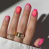 Short Square Press on Nails French Fake Nails Summer Glue on Nails Hot Pink Acrylic Nails Full Cover Medium Center Ombre False Nails ‌French Tip Press on Nails Reusable Stick on Nails for Women 24PCS