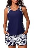Summer Mae Blouson Tankini Swimsuits for Women 2025 Tummy Control Two Piece Bathing Suits with Sporty Pockets Swim Shorts Cube Size 10