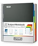 Dunwell 5-Subject Notebook College Ruled 8.5 x 11, 200 Sheets (400 Pages), Spiral Notebook 8.5x11 with Tabs, Movable Pocket Dividers, Front/Back Plastic Covers, Multi Subject Notebook