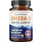 Triple Strength DHA Omega 3 Fish Oil 3600 mg | Over 2100mg Omega-3 Fatty Acids with 860mg of DHA | 1300mg EPA | Best Essential Fatty Acids | Premium Wild Caught & Burpless Fish Oil | 120 Softgels