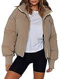 UANEO Puffer Jacket Womens Oversized Cropped Puffy Quilted Winter Jackets Coat (Khaki-S)