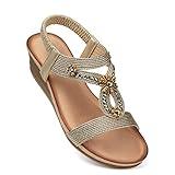 SHIBEVER Wedge Sandals Women Comfortable Rhinestone Ladies Sandals Dressy Arch Support Low Heel Flower Sandals Summer Brownness Size 9