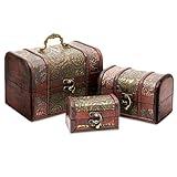 3-Set Wood Treasure Chest Decorative Boxes with Flower Motifs - Vintage Style Small Treasure Box Set for Jewelry, Coin Collection, Bathroom and Home Décor (3 Sizes)