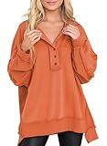 AlvaQ Women Sweatshirt Trendy 2024 Fall Winter Casual Long Sleeve Henley V Neck Button Oversized Sweatshirts Plus Size Tunic Tops Orange 2X