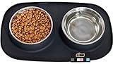 Gorilla Grip 100% Waterproof BPA Free Cat and Dog Bowls Silicone Feeding Mat Set, Stainless Steel Bowl Slip Resistant Raised Edges, Catch Water, Food Mess, No Spills, Pet Accessories, 1 Cup, Black