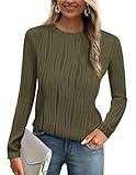 PRETTYGARDEN Women's Basic Plain Tee Shirts Fall Long Sleeve Crewneck Textured Dressy Casual Blouse Tops (Army Green,Medium)