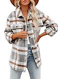 Beaully Women's Brushed Plaid Shirts Long Sleeve Flannel Lapel Button Down Pocketed Shacket Jacket Coats 6017 Khaki Medium