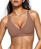 OEAK Womens Deep V Bras Wireless Comfortable Bra Supportive No Underwire Bras Tshirt Push Up Bralettes Plunge Seamless Bra Coffee
