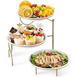 Lifewit Plastic 3 Tier Serving Tray Platter for Party Entertaining, 10" × 10" Large Dessert Table Display Set, White Reusable Round Dishes with Gold Metal Display Stand for Veggie, Fruit, Cookies