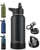 CIVAGO 32 oz Insulated Water Bottle With Straw, Stainless Steel Sports Water Cup Flask with 3 Lids (Straw, Spout and Handle Lid), Wide Mouth Travel Thermal Mug, Black