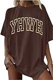 MNLYBABY YHWH Oversized Shirt Women Christian Tshirts Jesus Faith Inspirational Casual Tee Tops Brown