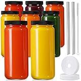 [ 8 Pack ] Glass Juicing Bottles with 2 Straws & 2 Lids w Hole- 16 OZ Travel Drinking Jars, Water Cups with Black Airtight Lids, Reusable Tall Mason Jar for Juice, Bubble Tea, Smoothie, Tea, Kombucha