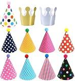 ELakiss 11PCS Birthday Party Cone Hats - Pom Poms,Lovely Cake Cone Birthday Paper Hats,Lovely Crown,For Children and Adults (9 hats and 2 crowns)