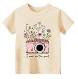 Chipeler Girls Short Sleeve Shirts Toddler Summer Daily Cotton Beige Flower Focus on The Good Camera Clothes Tops 7 Years