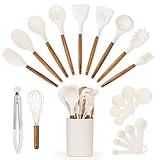 Silicone Kitchen Utensils Set & Holder: Cooking Utensils Set - Kitchen Essentials for New Home & 1st Apartment- Silicone Spatula Set, Cooking Spoons for Nonstick Cookware (Acacia Wood, Cream White)